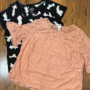 Peach Lace and Black Print Blouse Set